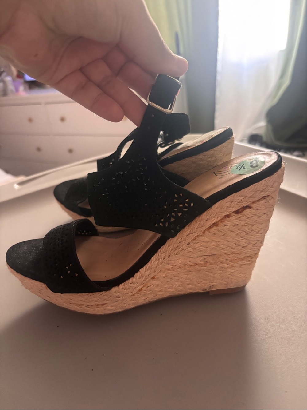 Black Wedge Espadrille Sandals with Ankle Buckle - Women